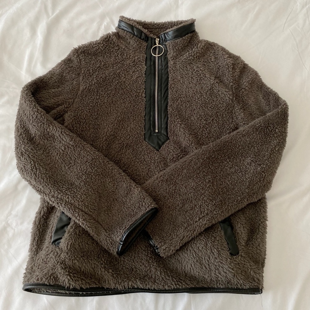 Brown Teddy Pullover With Black Pleather Lining